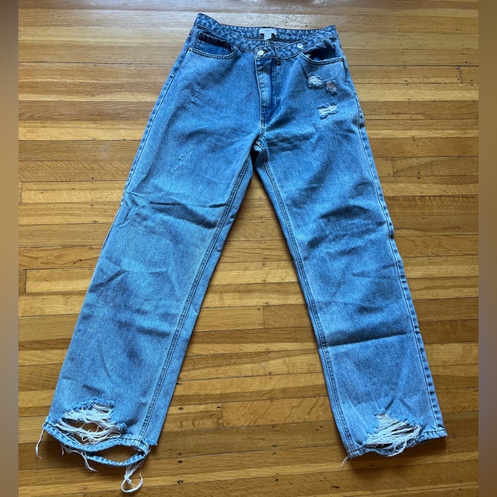 Unique ripped thrashed Forever 21 Jeans 29 6 blue asymmetrical straight wide leg